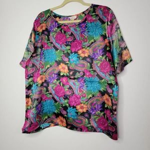 XL Vintage Satin Top Tee Shirt Blouse Floral Shell Pullover CC